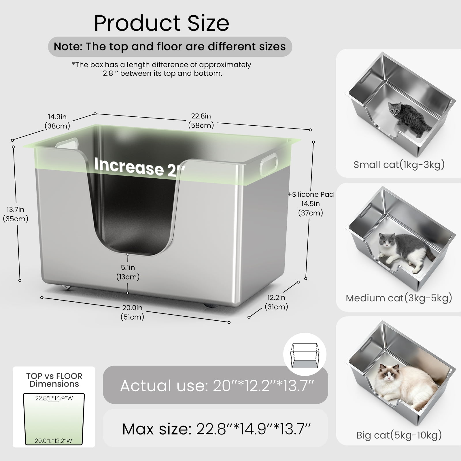 Ptlom Extra Large Stainless Steel Litter Box with 13.7'' High Sides Leak Proof