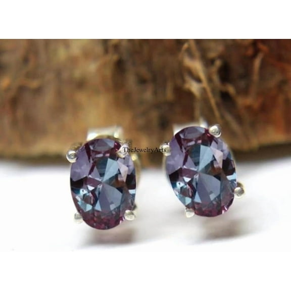 Elegant Dainty Alexandrite Stud Earrings Oval Cut Color-Changing Gemstones Sterling Silver, Perfect for June Birthstone Jewelry and Everyday Wear Black Vermeil 7x5mm
