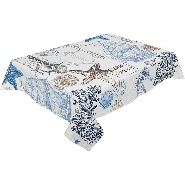 Ocean Starfish Tablecloth Rectangle/Oval Summer Table Cloth Nautical Anchor Beach Coastal Shell Seahorse Waterproof Tablecloths for Party Stainproof
