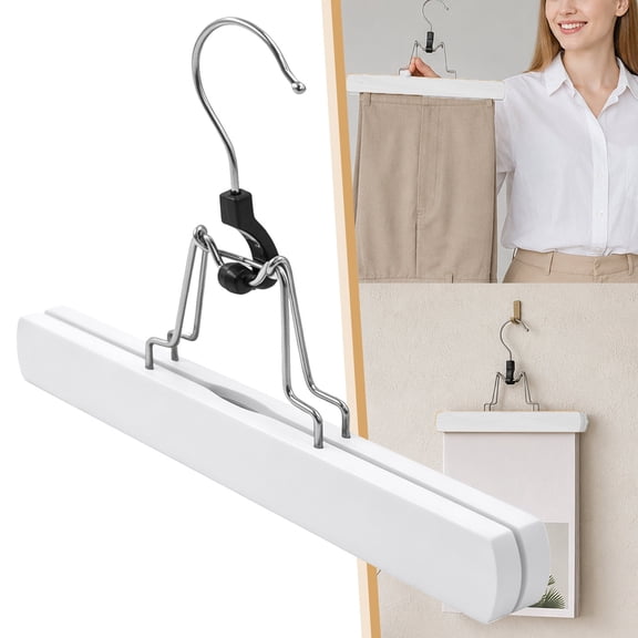 Clearance White Solid Wood Pants Hanger with Clips - Non-Slip Trouser Clamp Hanger for Skirts and Pants