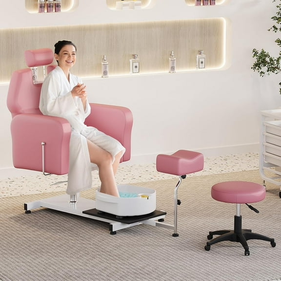 Acekid Reclining Pedicure Chair with Stool Footrest & Massage Foot Basin 360 Swivel Hydraulic Pedi Chair for Foot Bath Pedicure Chairs Beauty Spa Salon