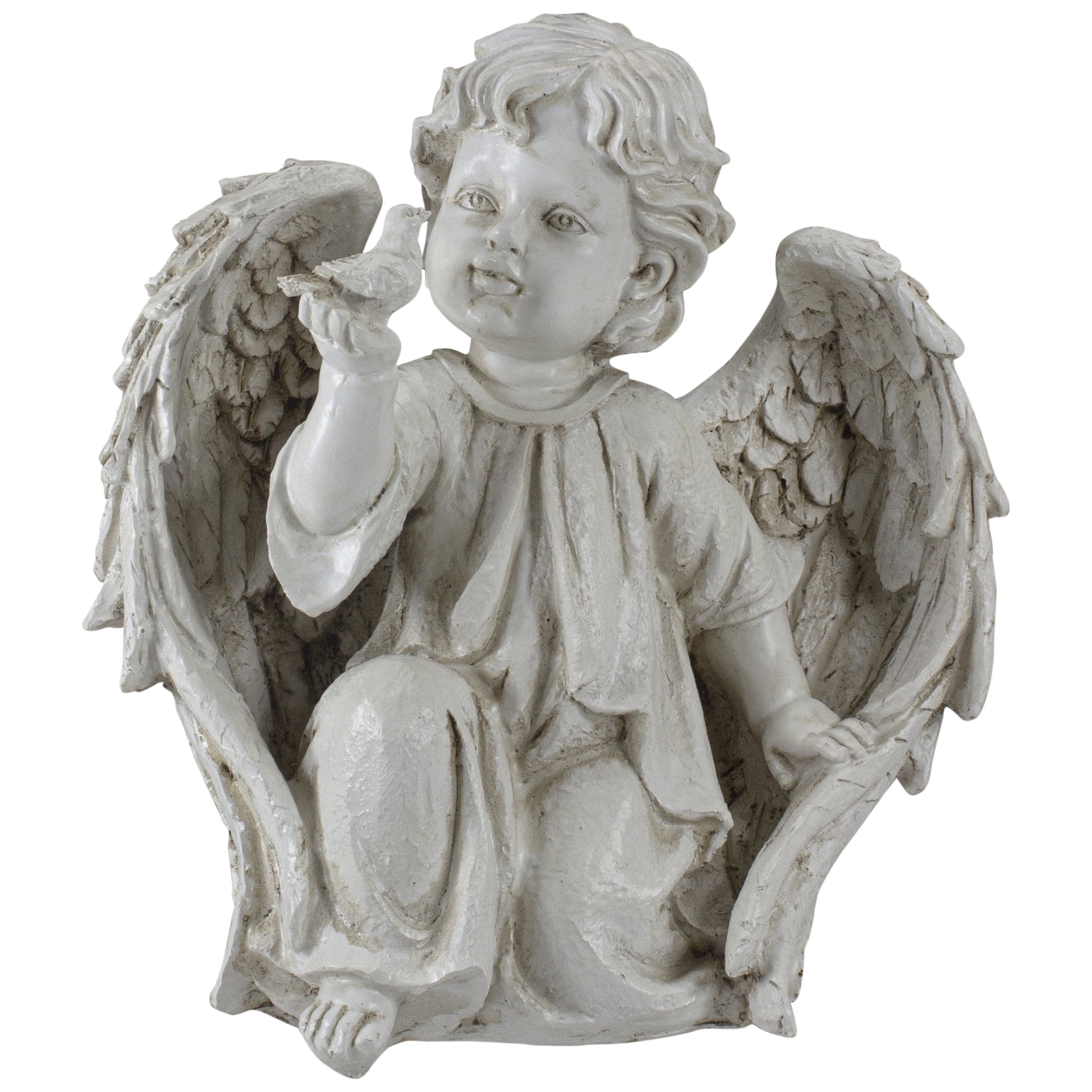 10" Ivory Cherub Angel Boy on Knee with Bird Outdoor Patio Garden