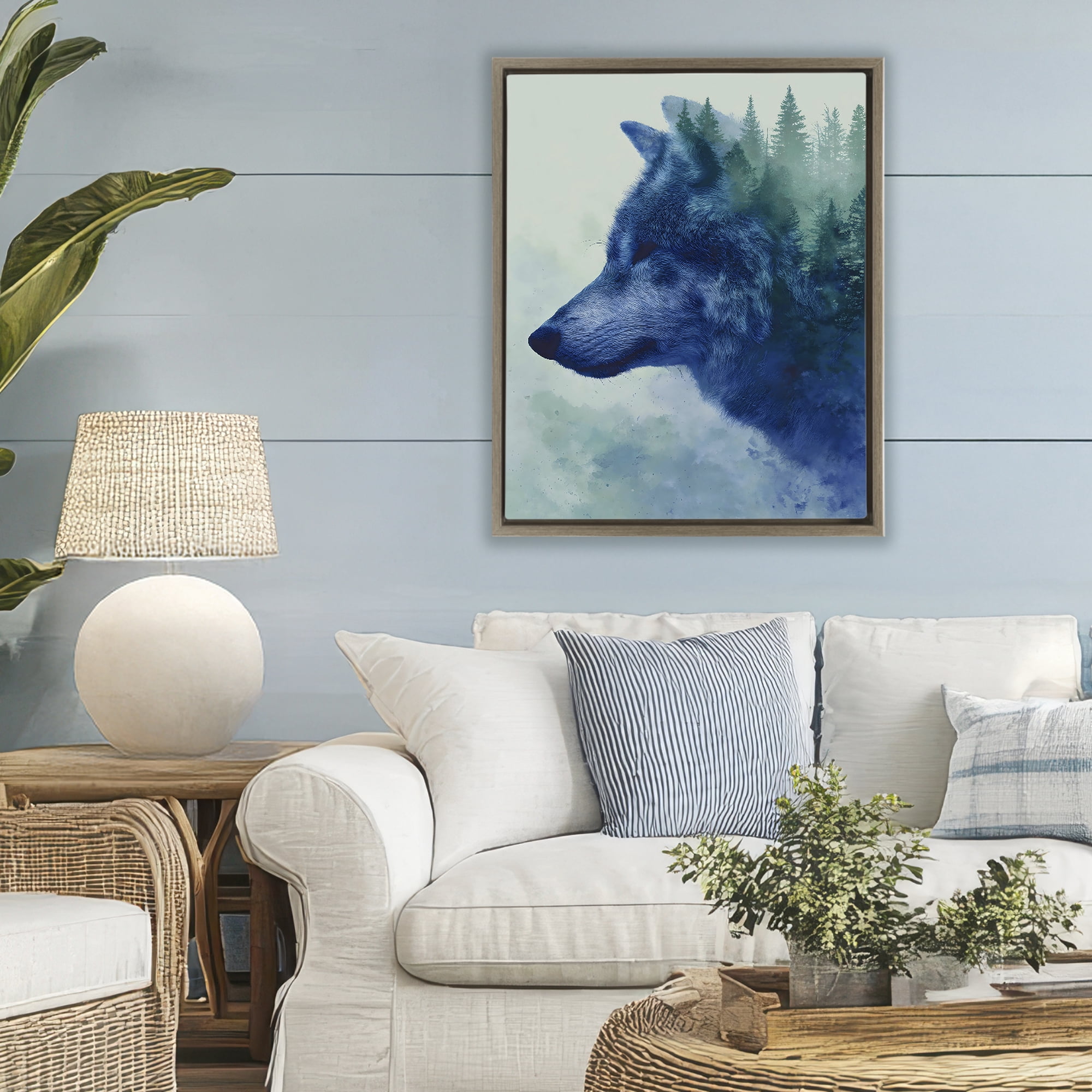 Stupell Industries Indigo Wolf in Misty Pines Brown Framed Floater Canvas Wall Art, design by Franklyn Gregory