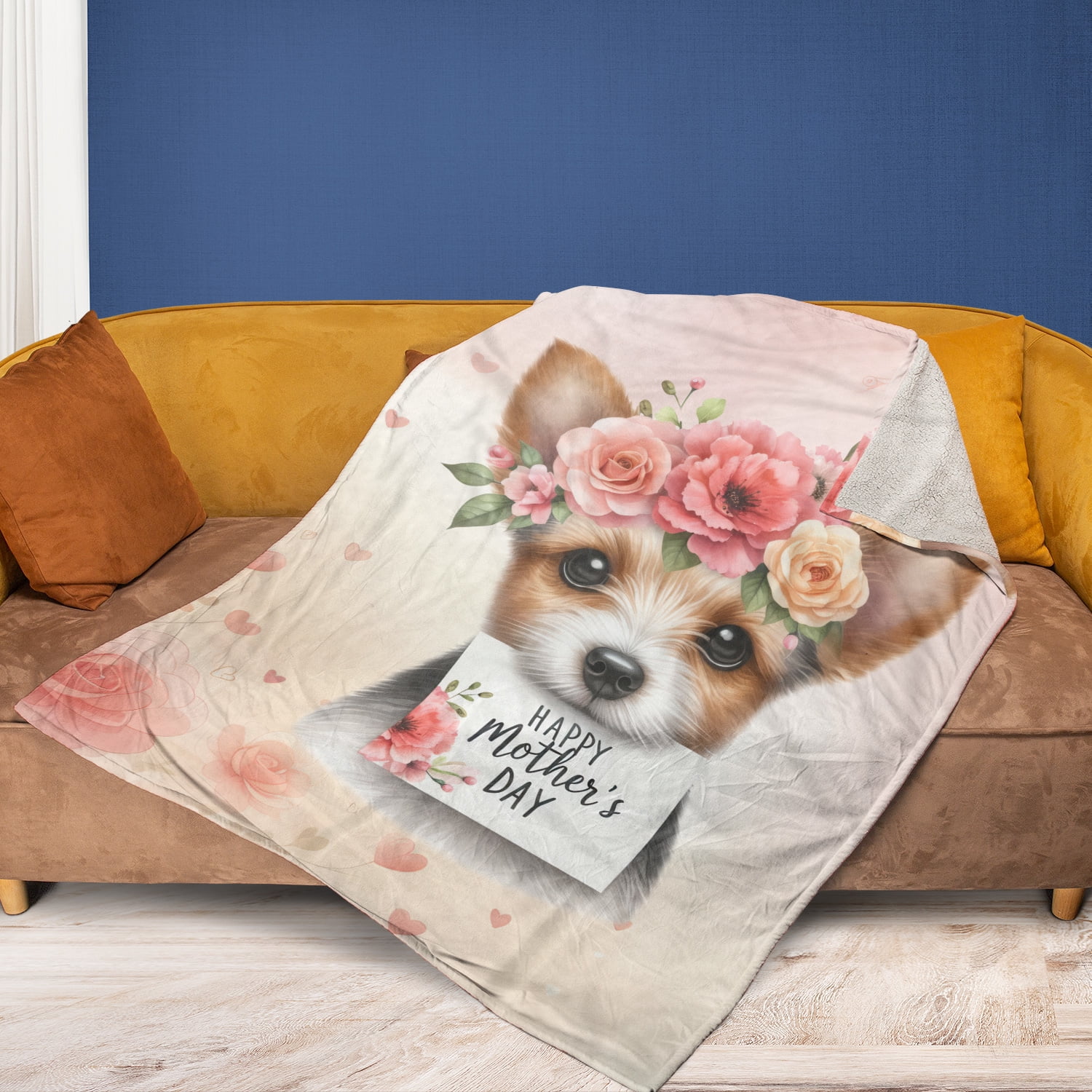 Happy Mother's Day Toy Fox Terrier with Flower Crown and Greeting Card Cozy Fleece Blanket Dog Lover Warm Soft Throw Blanket - 13004