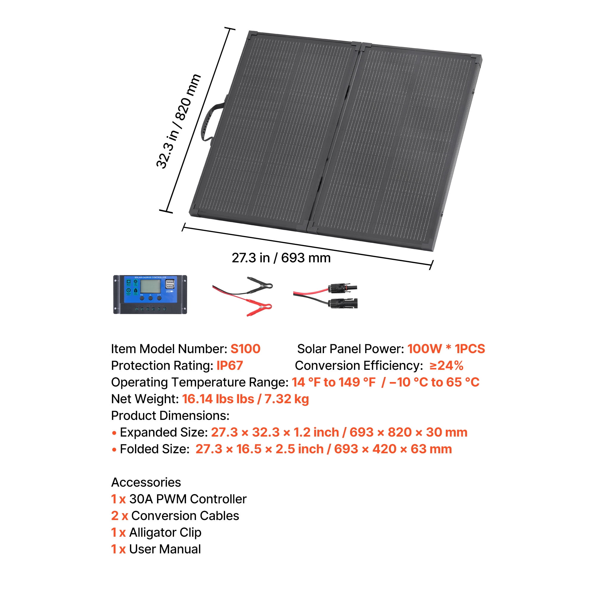 KFFKFF Foldable Solar Panel S100 Monocrystalline 100W ≥24% IP67 +, 1