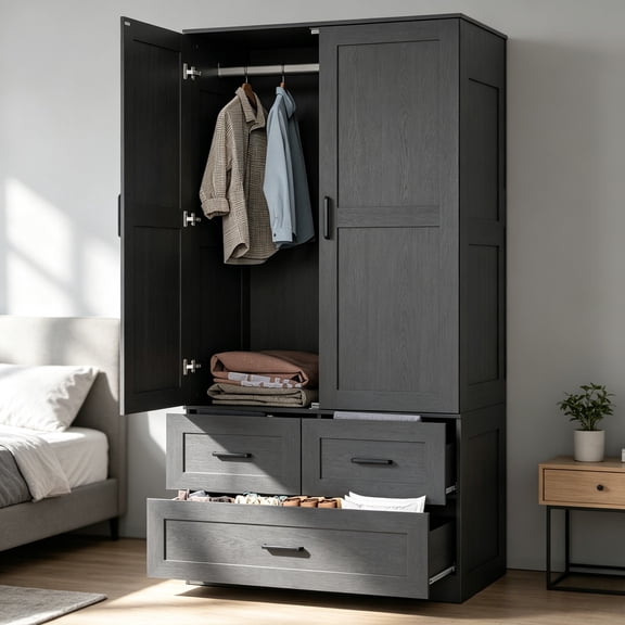 Freestanding Engineered Wood Wardrobe Armoire with Hanging Rod 2 Doors and 3 Deep Storage Drawers Bedroom Clothes Organizer Cabinet