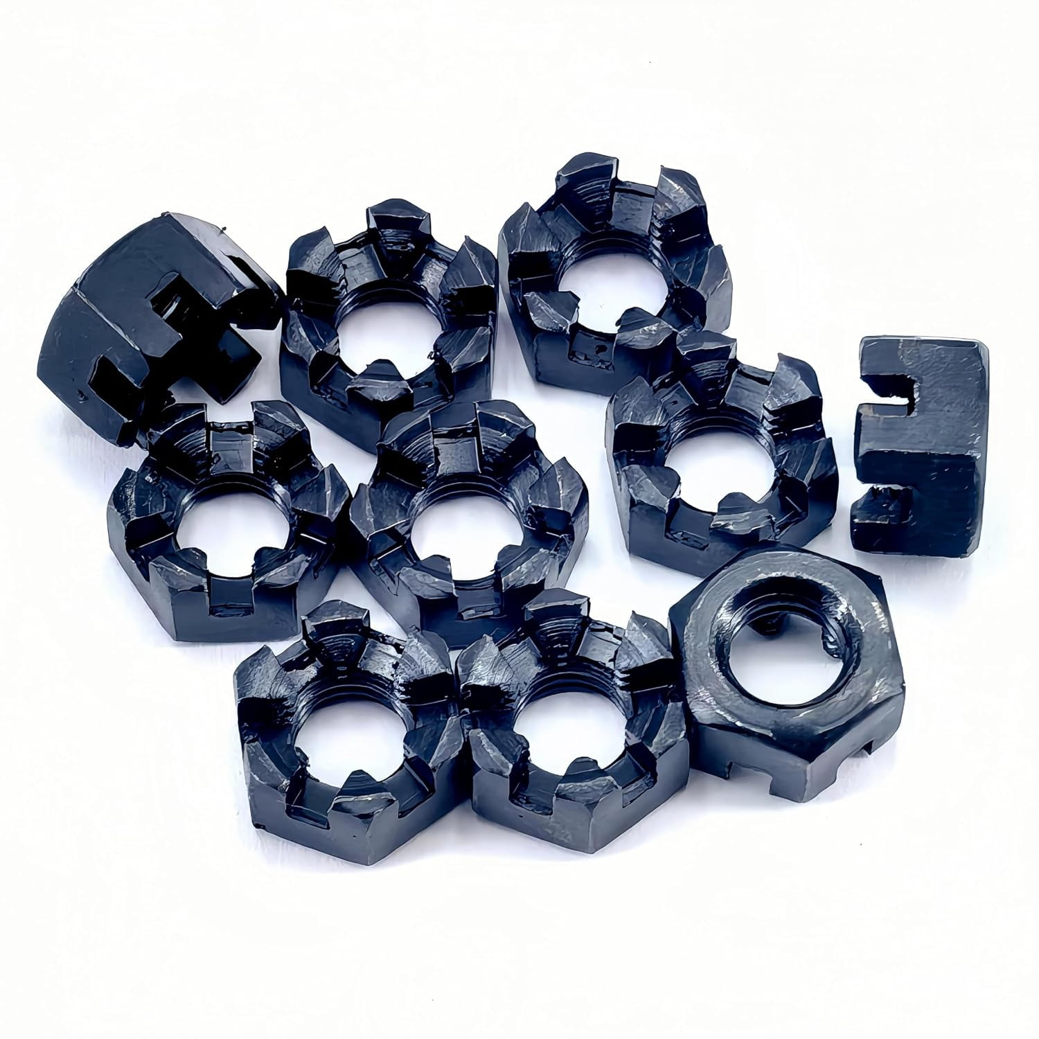 ZHZFKQ 10Pcs M10X1.25Mm Hexagon Slotted Nut Grade 4.8 Carbon Steel Hex Castle Nuts Hex Nuts Black