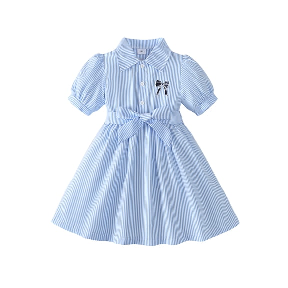 Kids Girls Clothes Big Girls Stripe Dress 7Y Girls Summer Dress 8Y Girls Short Sleeve Dress Solid Color Dress Blue