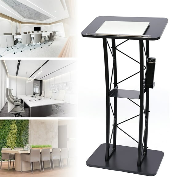 Anqidi Black Metal Curved Podium Detachable Stand Up Lectern W/ Interior Shelf 23.62*17.13*44.29 In