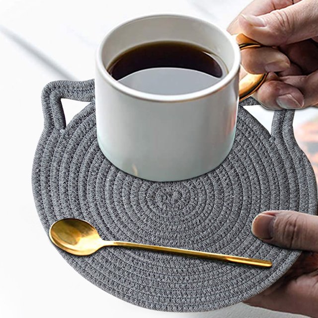 Oleegame 1PC Placemat Heat-resisting Cotton Rope Placemat With Hanging Cartoon Cat Ears ,Easy To Rinse Gray