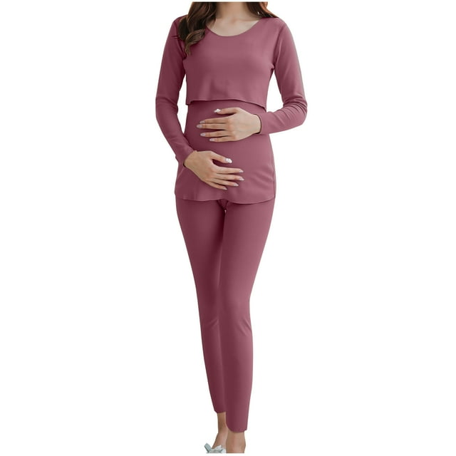 Tnhcen Ensemble de Pyjama de Maternité Multifonctionnel pour Femmes / Pyjama d'Allaitement Ajusté à Col Rond Manches Longues avec Coussin Intégré Pantalon à Cordon Réglable m-2TG