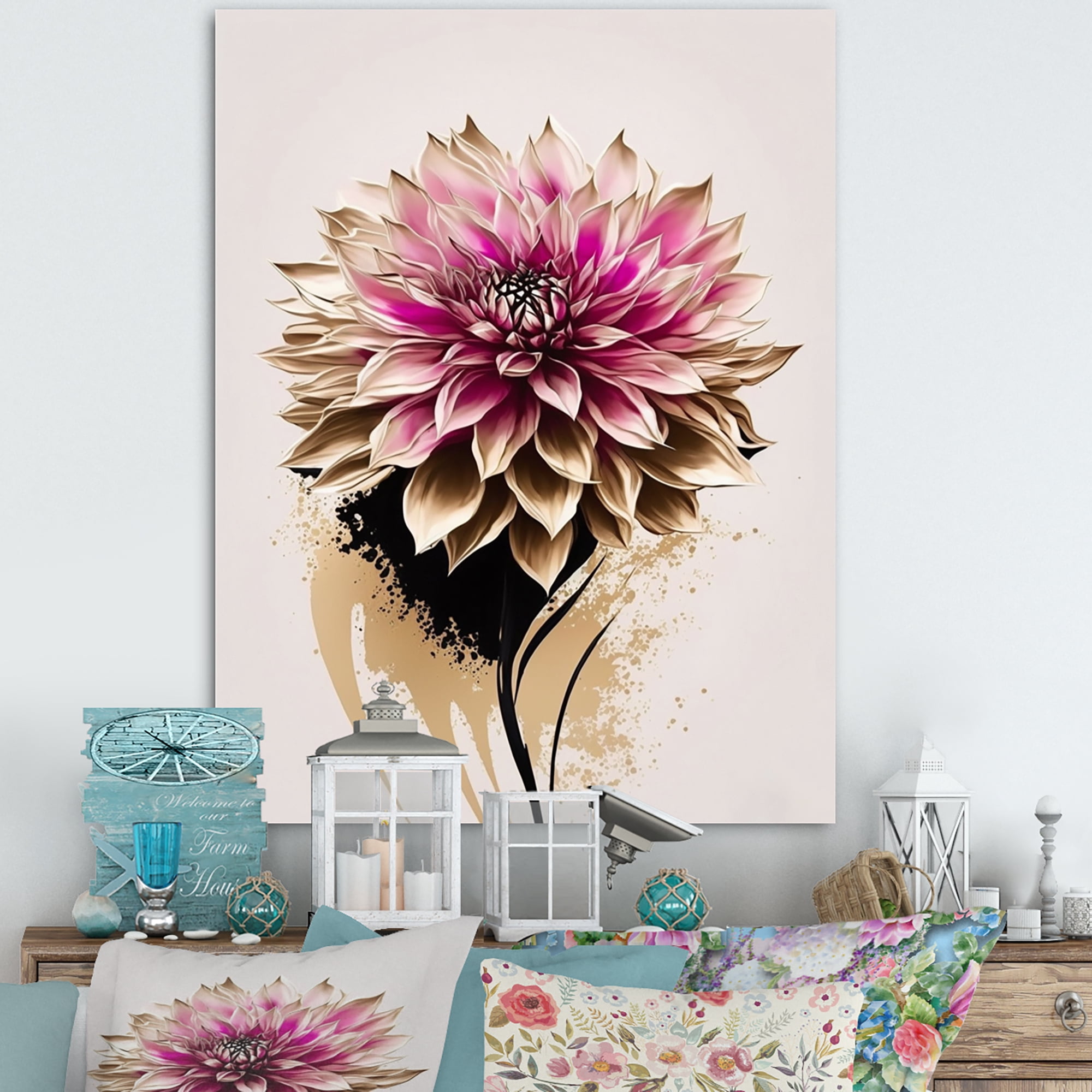 Designart Pink Dahli Flower On Abstract Fusion Canvas Wall Art