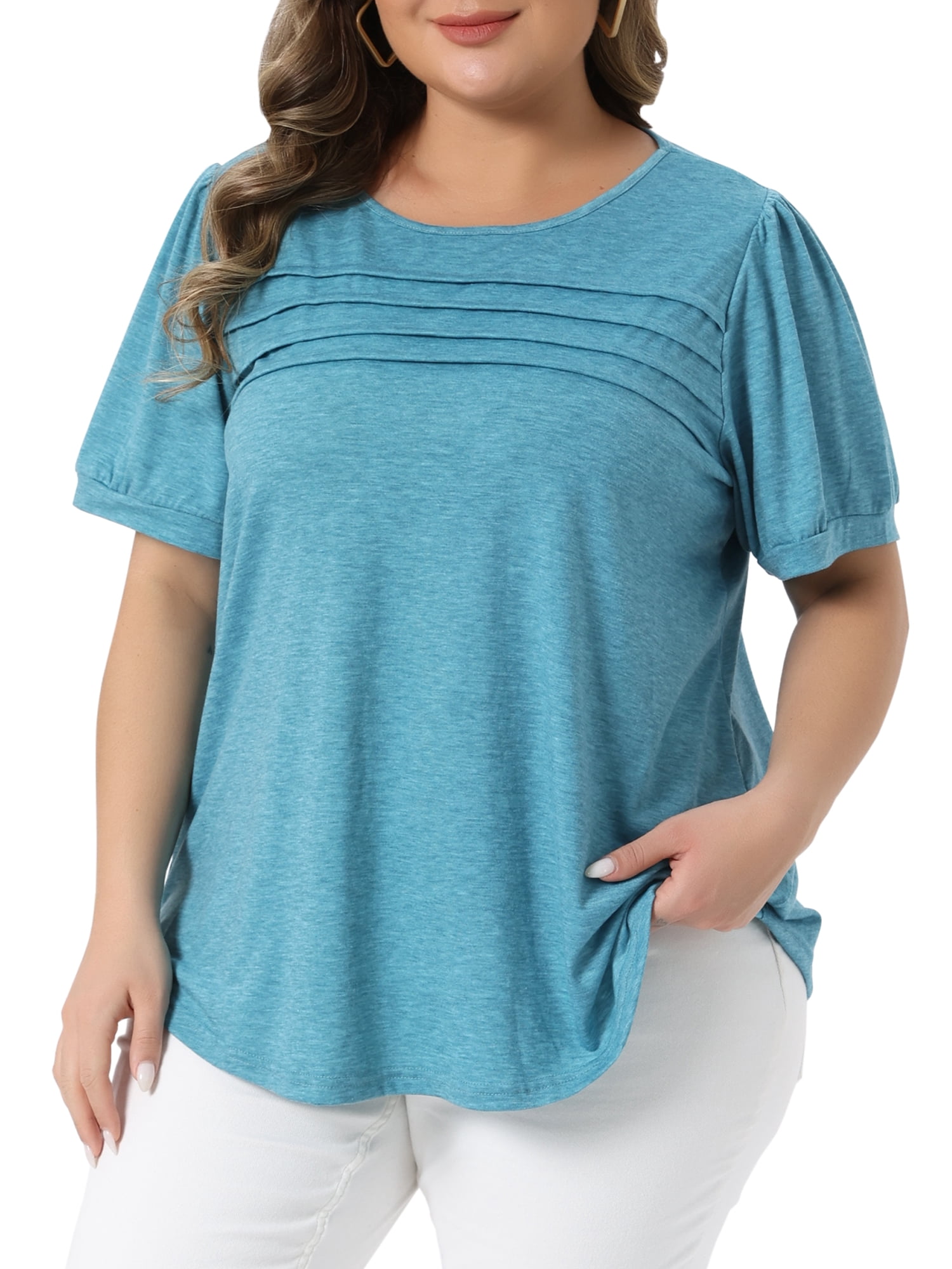 Women's Plus Short Sleeve Crew Neck Pleated Casual Tunic Blouse 4X Lake Blue