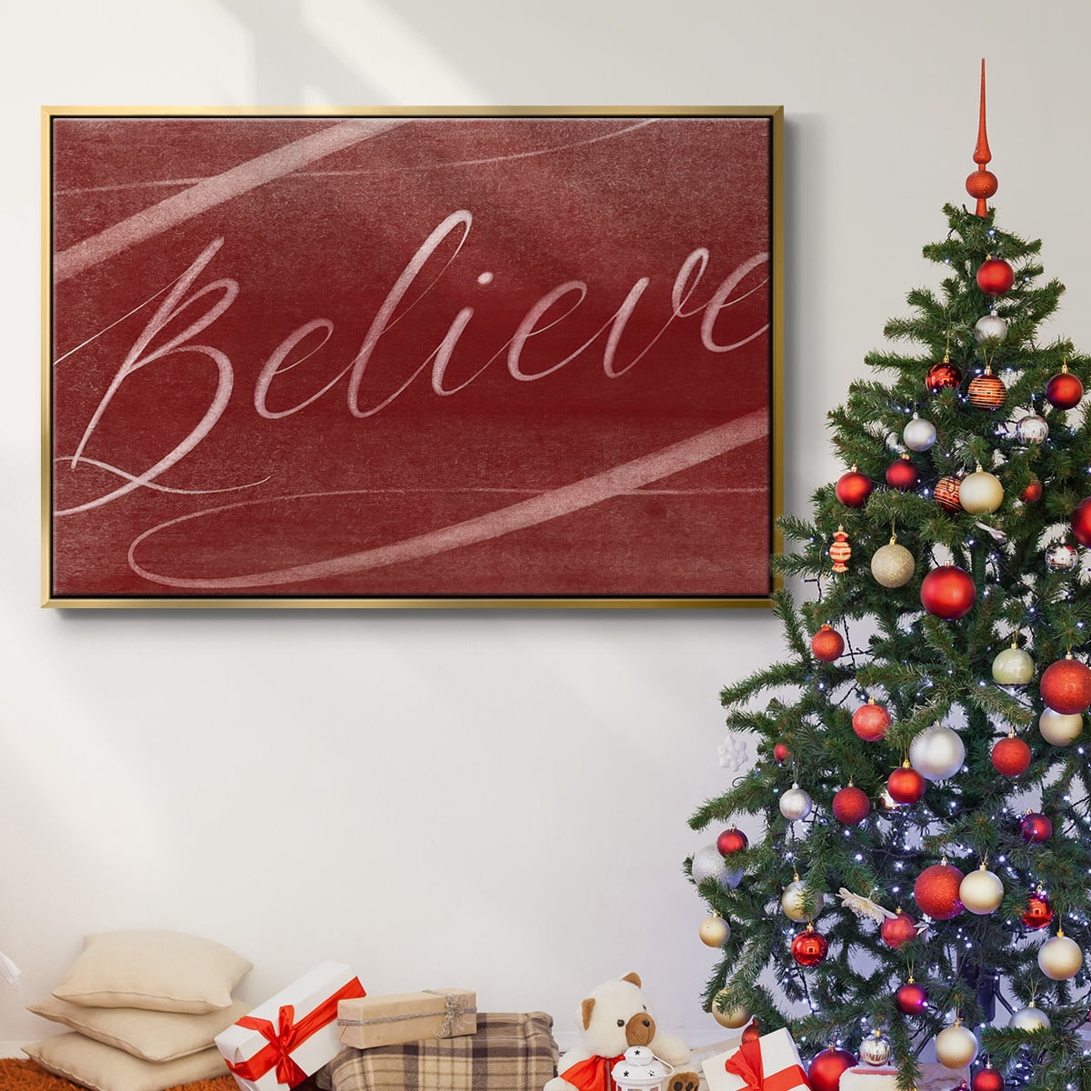 Believe - Framed Gallery Wrapped Holiday Canvas - 25 x 37 - Gold Frame