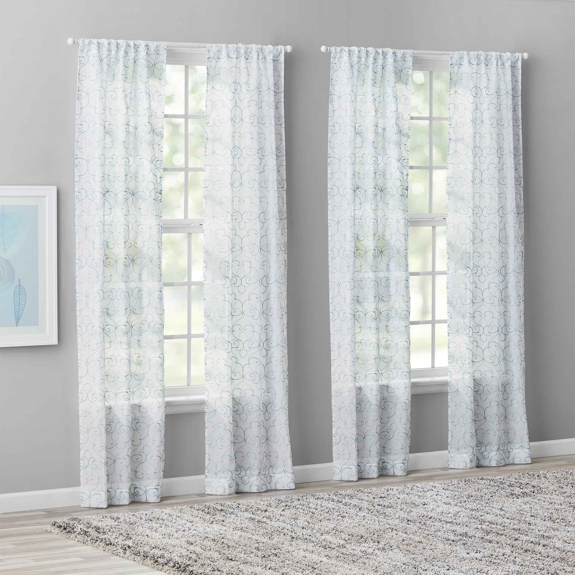 Mainstays Modern Scroll Rod Pocket Sheer Curtains, Set of 4, Aqua, 28" W x 84" L