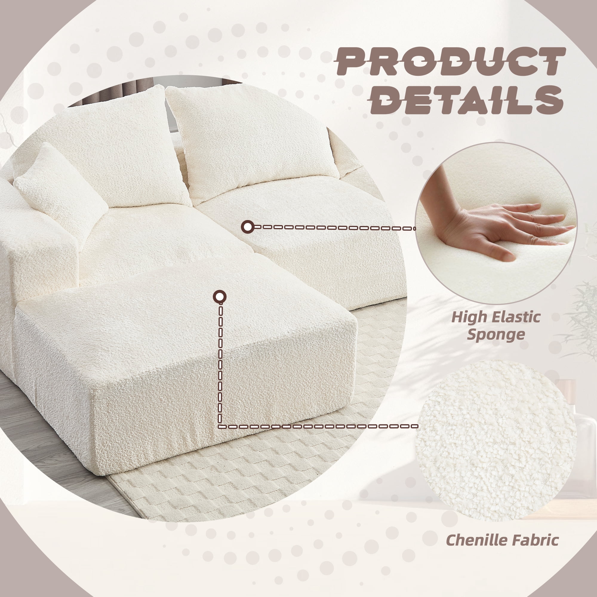 MOONMISS Boucle Upholstered L-shaped Intimate Comfort Deep Seat Modern Sofa with 5 Pillows-Beige