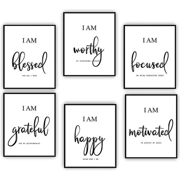 Draw Core, Wall Art - Motivational Wall Art - Office & Bedroom Wall Decor - Positive Quotes & Sayings - Daily Affirmations for Men, Women & Kids - Black & White Poster Prints, Set of 6