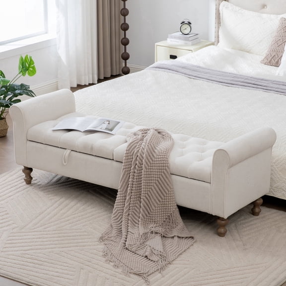 Arouseden 66" End of Bed Storage Bench King Size Beige,Tufted Bench with Storage with Dual-Opening Compartments,Napped Storage Ottoman Bench for Bedroom King Size,Upholstered Bench for Entryway