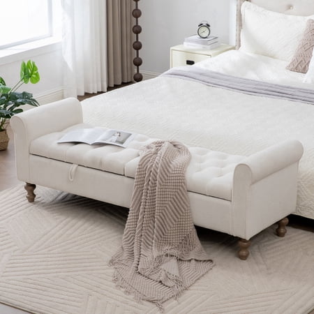 Arouseden 66" End of Bed Storage Bench King Size Beige,Tufted Bench with Storage with Dual-Opening Compartments,Napped Storage Ottoman Bench for Bedroom King Size,Upholstered Bench for Entryway