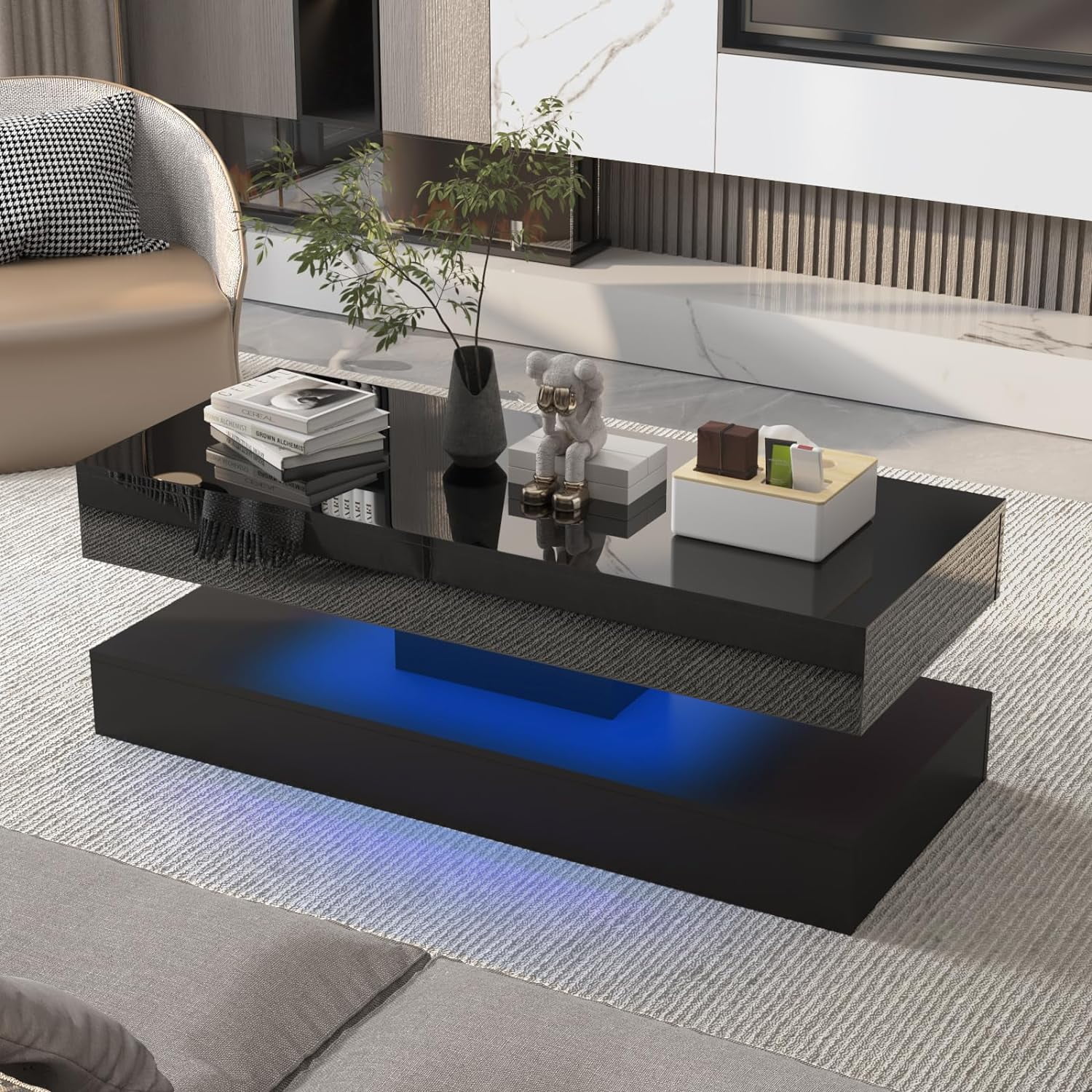 ChVans 47.3" High Glossy LED Coffee Table with 2 Sliding Storage Drawers, Living Room Coffee Table w/APP Control LED Lights, Modern Double-Layer Center Tables Large Furniture, Black