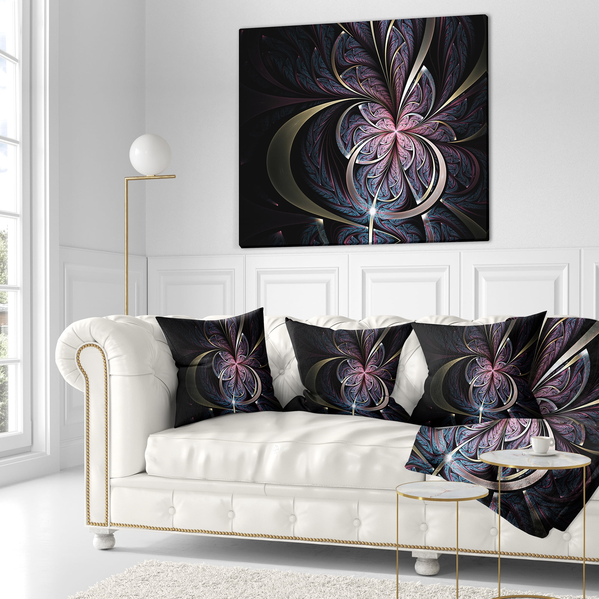 Designart Dark Blue Fractal Butterfly Flower - Floral Throw Pillow - 18x18