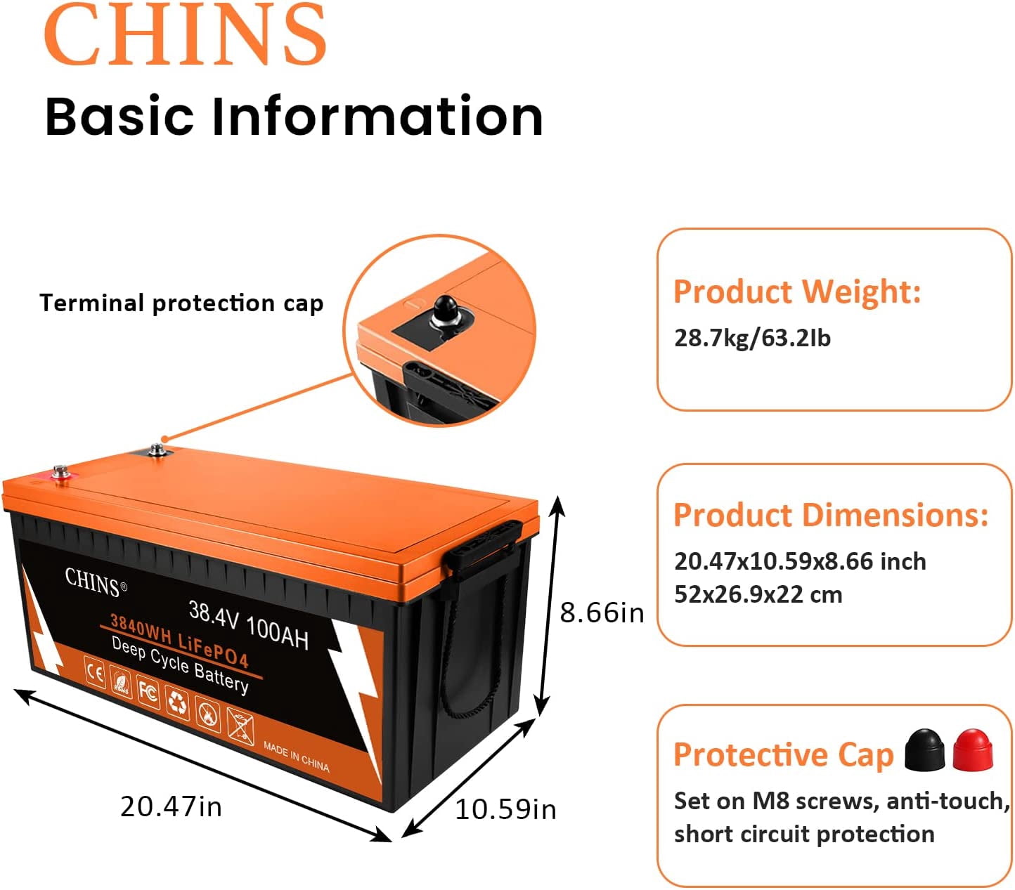 CHINS Bluetooth LiFePO4 Smart 36V 100AH Lithium Iron Battery for Golf Carts, Built-in 200A BMS