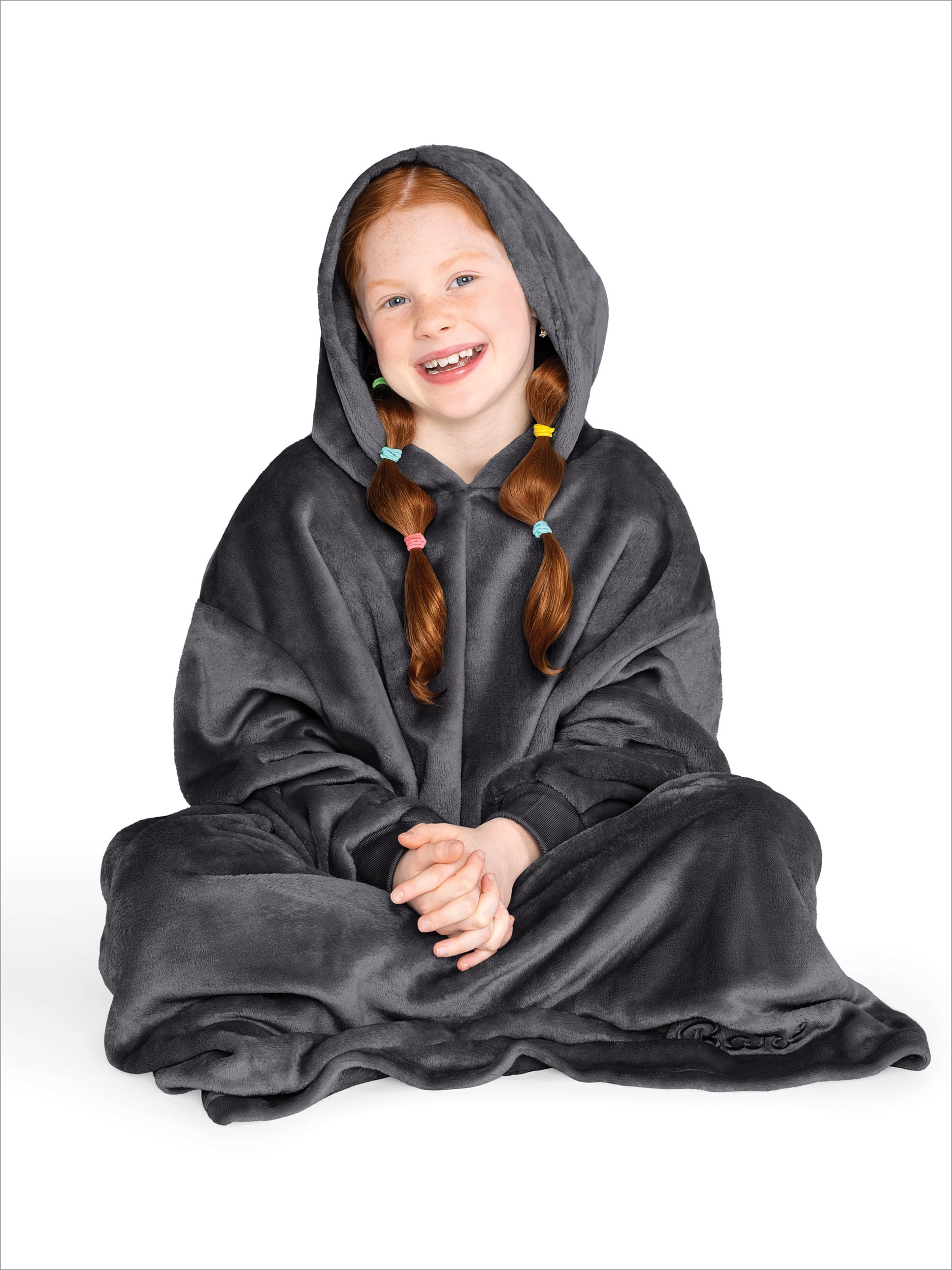 Bare Homey Kids Size Microplush Wearable Blanket - Long Length - Side Pockets - Velvety Soft, Forged Iron Gray