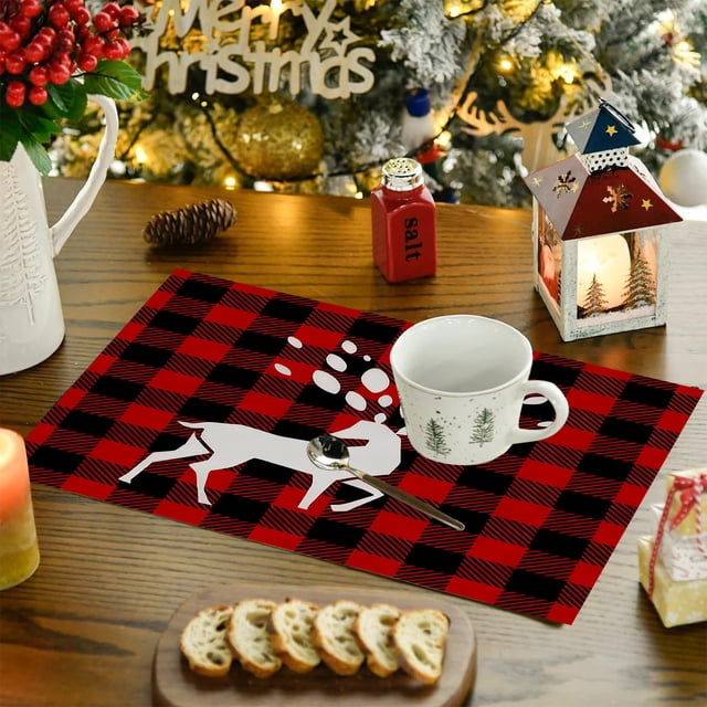 Nsxcdh Napperons de Noël en Lin Isolés Thermiquement 17.72x12.99 Po Antidérapants Imperméables Lavables Rouges pour Décoration de Table de Fête Cuisine Maison Cadeaux de Noël pour Petits Enfants