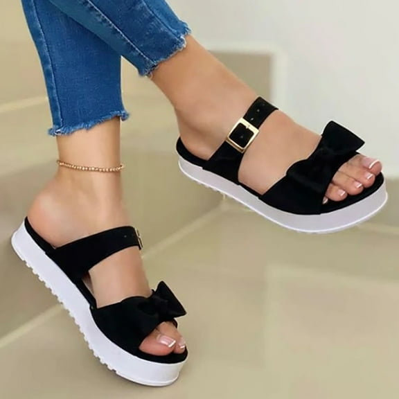 JeashCHAT Sandals for Women, Slide Sandals Summer New Style Women Fashion Comfy Bowknot Thick Bottom Slippers (Black)