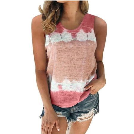 

LBECLEY All Cotton Pajamas Women Fashion Crew Neck Womens Casual Tanks Sleeveless Tie Dye Topsï¼S 5Xlï¼ Block Color Women s Blouse Sweater Top Xl