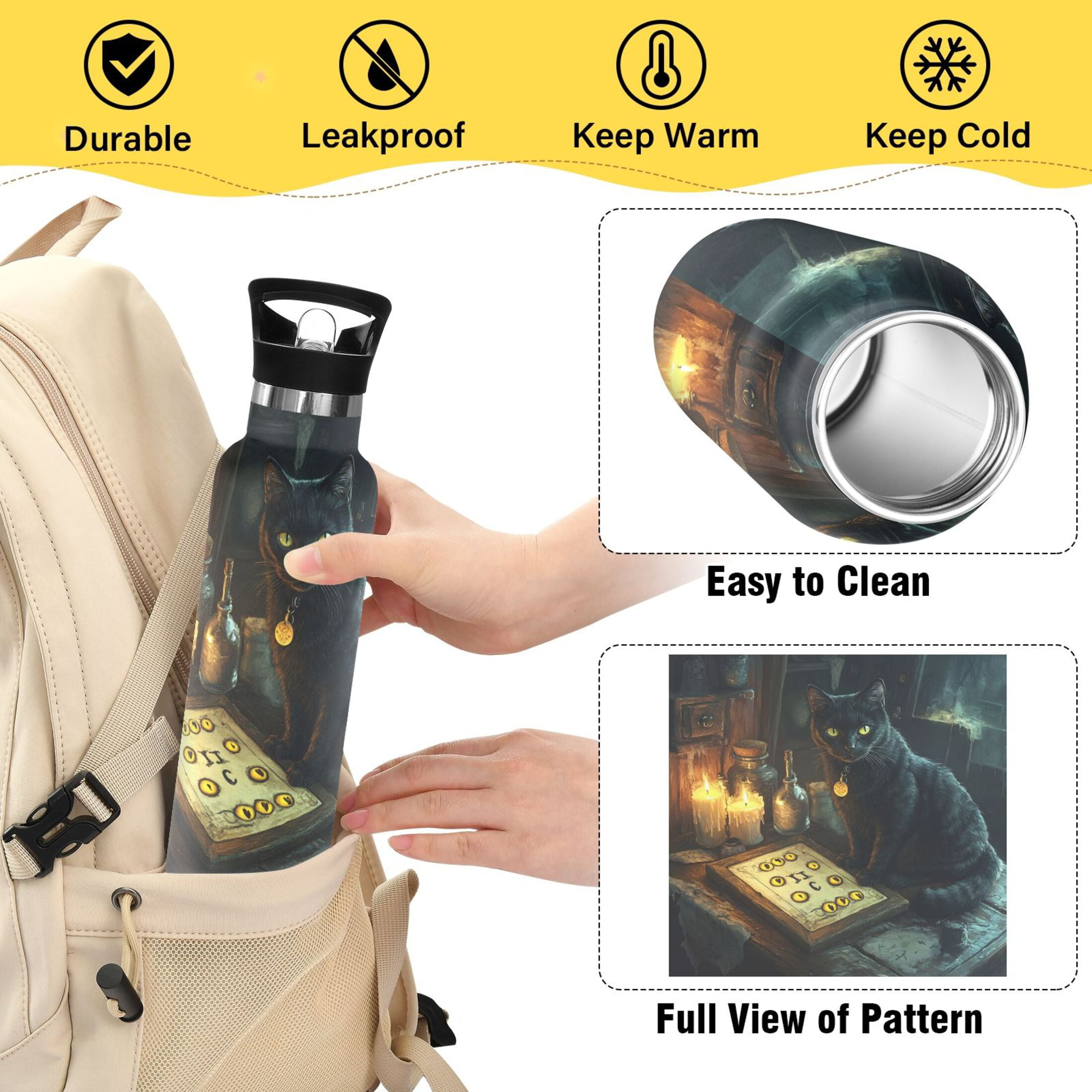 600ML Stainless Steel Insulated Cup Sports Water Bottle Portable Thermos Cup Water Glasses Insulated Tumblers Convenient and Durable Dark Cat
