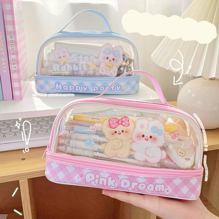 Pencil Pouch Cartoon Pattern Large Capacity with Handle Visible Design Dual  Layer Item Storage Faux Leather Pen Pencil Tape Ruler Stationery Organizer  Bag for School