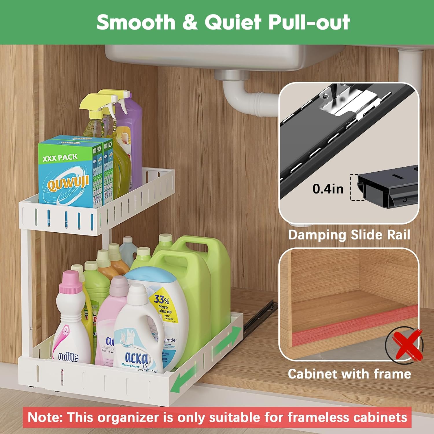 Under Sink Organizer, 2 Tier Expandable Under Cabinet Organizer, Heights Adjustable Pull Out Storage for Kitchen Bathroom Laundry, White, 2 Pack