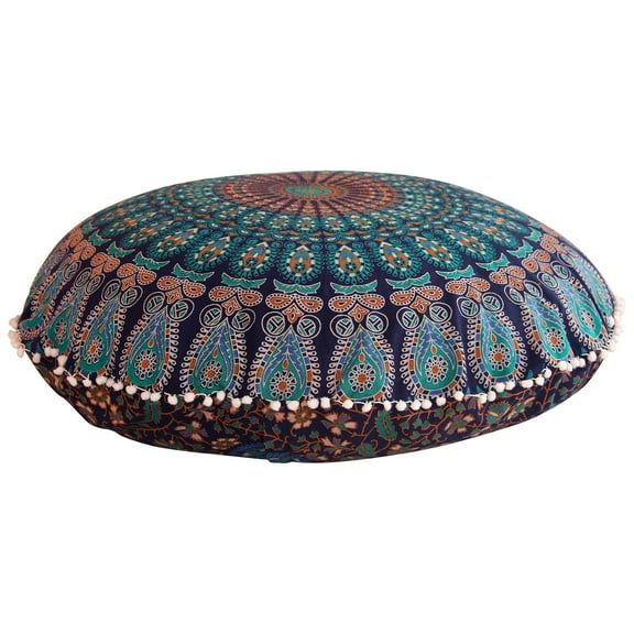 Stylo Culture Indian Round Throw Pillows For Couch Mandala Printed Floor Cushion Cover Blue Large 32x32 Decorative Bohemian Pom Pom Lace Cotton Peacock Feather 1 Pc