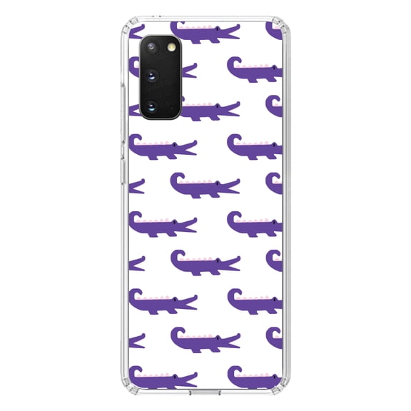 DistinctInk Clear Shockproof Hybrid Case for Galaxy S20 PLUS / 5G (6.7" Screen) - TPU Bumper, Acrylic Back, Tempered Glass Screen Protector - Purple White Alligators - Cartoon Alligators
