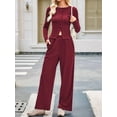 thumbnail image 5 of Women 2 Piece Foldover Yoga Flare Pants Long Sleeve Knit Tops Casual Outfits Matching Tracksuit Set Wine Red S, 5 of 7