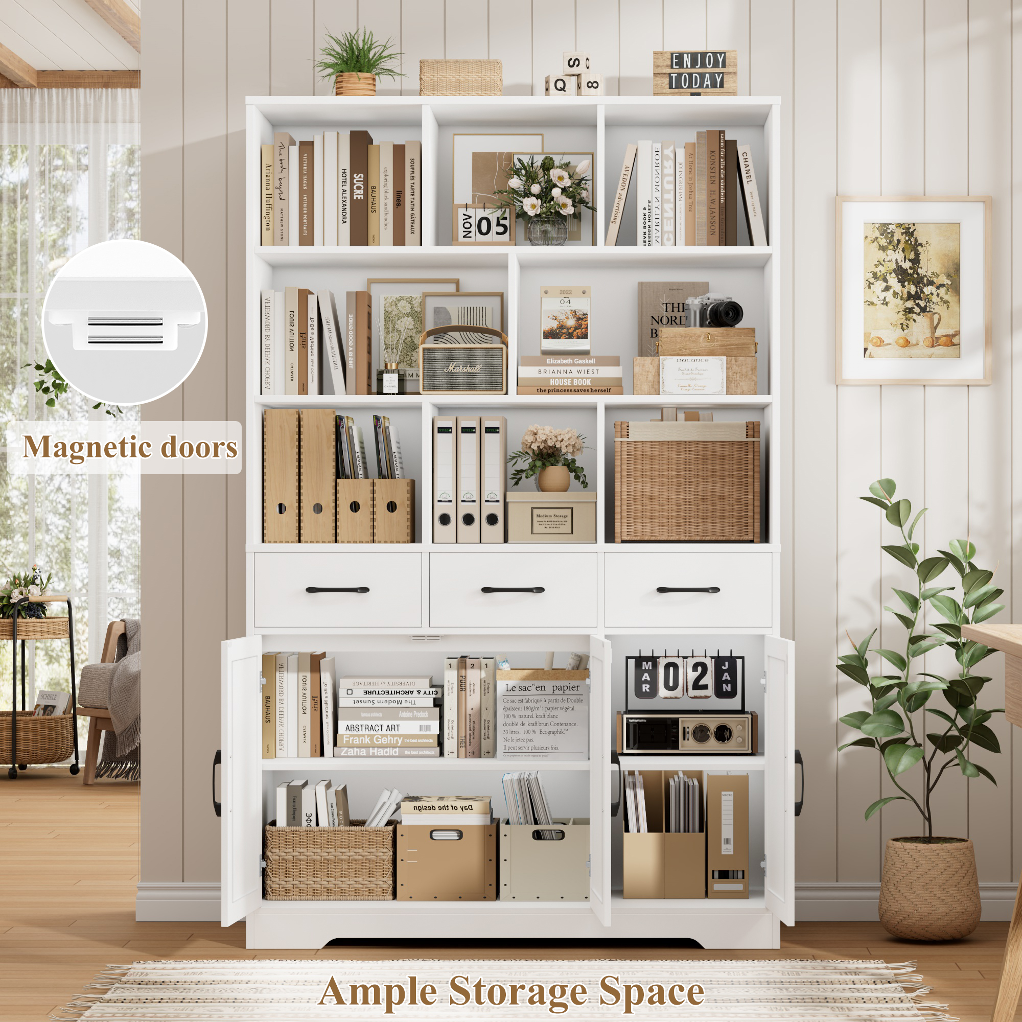 Hiphuta 71" Tall Bookcase with 3 Drawers and Doors, 43" Wide Farmhouse Bookcase with 8 Open Compartments for Office Living Room, White