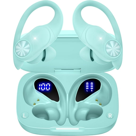 bmani Wireless Earbuds Bluetooth Headphones 48hrs Play Back Sport Earphones with LED Display Over-Ear Buds with Earhooks Built-in Mic Headset for Workout Mint Green