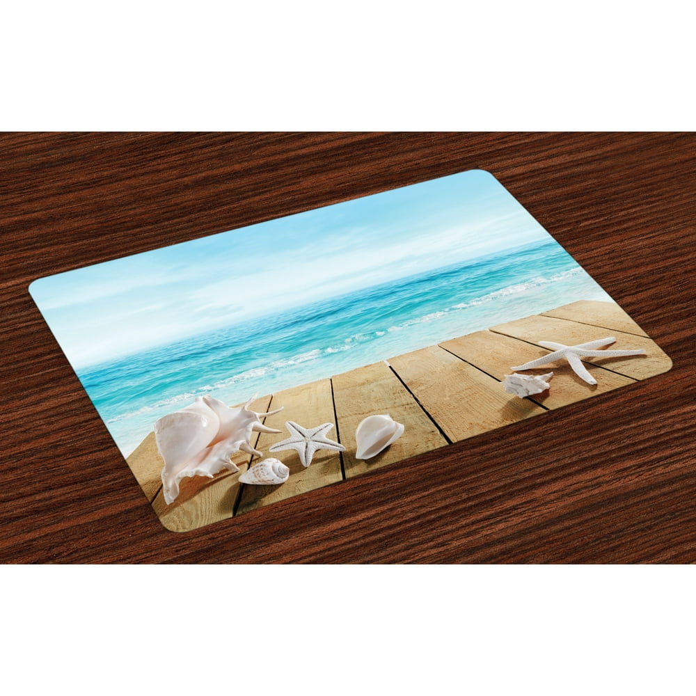 Seashells Placemats Set of 4 Wooden Boardwald with Seashells Sunshine