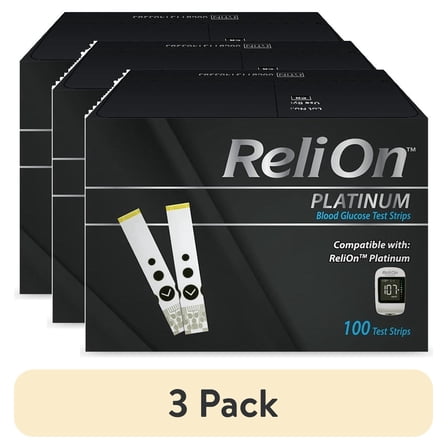 (3 pack) ReliOn Platinum Blood Glucose Test Strips, 100 Count – Diabetes Test Strips, for ReliOn Platinum Meters