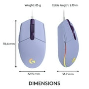 Logitech G203 Wired Gaming Mouse, 8,000 DPI, Rainbow Optical Effect LIGHTSYNC RGB, 6 Programmable Buttons, Lilac
