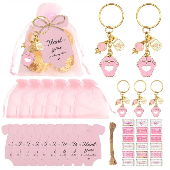 24Sets/72Pcs Pink Footprint Keychains, Baby Shower Party Favors For Girl, Cute Metal Keyrings With Organza Bags And Thank You Cards, Perfect For Baby Shower Gifts