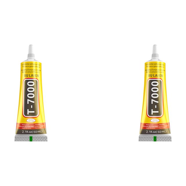 pegamento adhesivo 15/50/110ml reparación t7000 super glue para pantalla táctil lcd (50ml) Tubo frontal T-7000 amarillo y negro con boquilla cónica blanca, cuerpo semi flotante transparente y etiqueta que indica 50 ml, base sellada sobre fondo blanco; se suele usar para reparaciones pequeñas, manualidades y arreglos electrónicos ligeros.