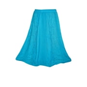 Mogul Womens Long Skirt Blue Embroidered Boho A-line Flare Festive Skirts