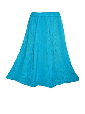 Mogul Womens Long Skirt Blue Embroidered Boho A-line Flare Festive Skirts