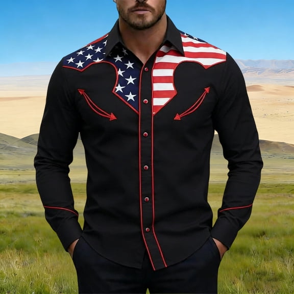 Mens Shirts Western Cowboy Print Long Sleeve Button Down Top Independence Day Casual Patriotic Shirt for Men Black L