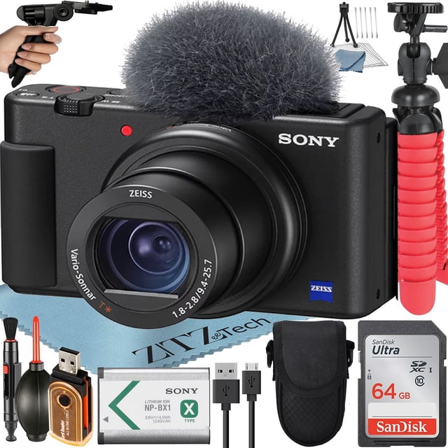 Sony ZV-1F Vlogging Camera (Black) with SanDisk 64GB Memory Card + Tripod + ZeeTech Accessory Bundle