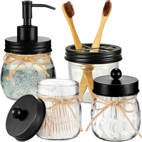 Mason Jar Bathroom Accessories Set 4 Pcs -Lotion Soap Dispenser & 2 Qtip Holders & Toothbrush Holder - Rustic Farmhouse Decor, Bathroom Home Decor (Black)