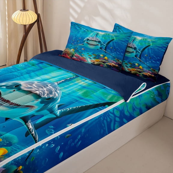 Manfei Fish Shark Zipper Twin Comforter Sets with Fitted Sheet and 2 Pillowcases for Kids Boys and Girls, Colorful Coral Zipper Bedding Set, Navy Reversible, 4 Pieces