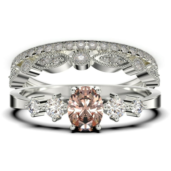 Minimalist Classic 1.65 Carat Oval Cut Morganite And Diamond Moissanite Engagement Ring, Fairy And Dainty Ring, Wedding Ring in 10k Solid White Gold, Gift For Woman, Promise Ring, Trio Rings Set